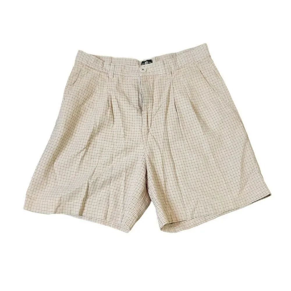 Vintage 70s Houndstooth Pleated Preppy Shorts Womens Size M Beige
